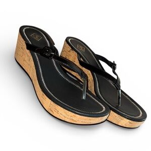 DONALD PLINER Black Cork Wedge Platform Patent Leather Thong Strappy Sandal NIB